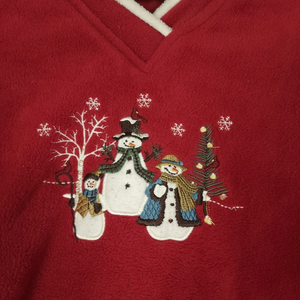 Croft & Barrow Red Fleece‎ Long Sleeve Snowman Christmas V-Neck Top Womens M